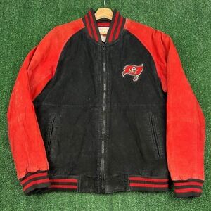 VTG NFL Tampa Bay Buccaneers Leather Suede Bomber Jacket Men's M Black Red Y2K